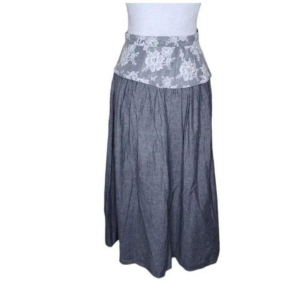 Vintage 80s Pleated Western Maxi Skirt Womens Size Small Grey Lace Yoke
